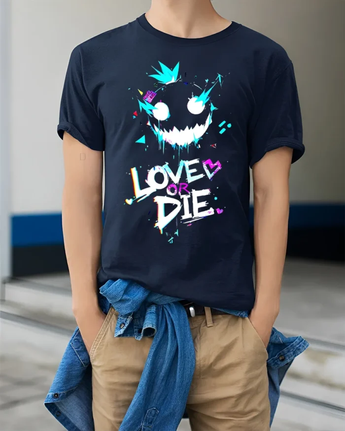 Love or Die Glitch Art T-Shirt Urban Punk Graphic - model wearing navy shirt, hands in pockets