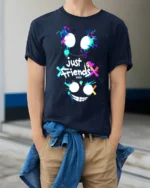 Just Friends Splatter Face T-Shirt Funny Streetwear Tee - model wearing navy shirt, hands in pockets