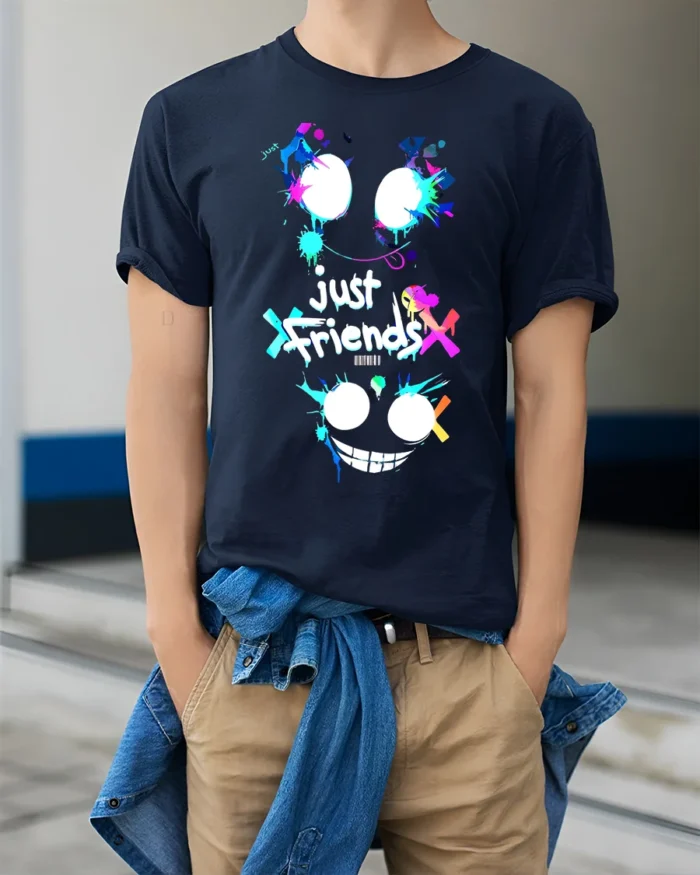 Just Friends Splatter Face T-Shirt Funny Streetwear Tee - model wearing navy shirt, hands in pockets