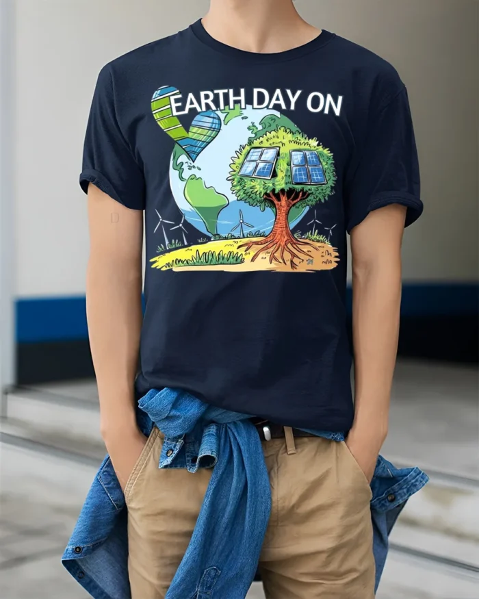 Earth Day On T-Shirt Eco Friendly Solar Tree Graphic - model wearing navy shirt, hands in pockets