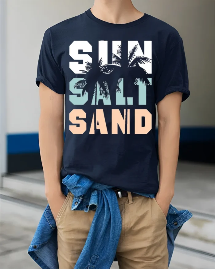 Sun Salt Sand T-Shirt Retro Summer Beach Vibe Tee - model wearing navy shirt, hands in pockets