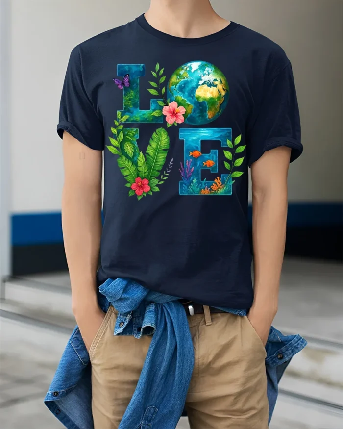 Earth Love T-Shirt Eco Nature Inspired Graphic Tee - model wearing navy shirt, hands in pockets