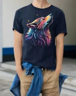 Cosmic Wolf T-Shirt Galaxy Animal Art Graphic Tee - model wearing navy shirt, hands in pockets