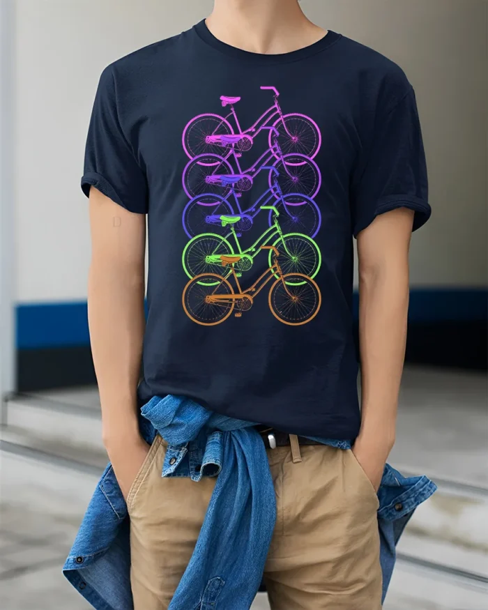 Retro Rainbow Bicycle T-Shirt Colorful Cycling Tee - model wearing navy shirt, hands in pockets