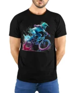 BMX Rider Splash Art Graphic T-Shirt Cool Biker Tee - model wearing black shirt, hands behind back