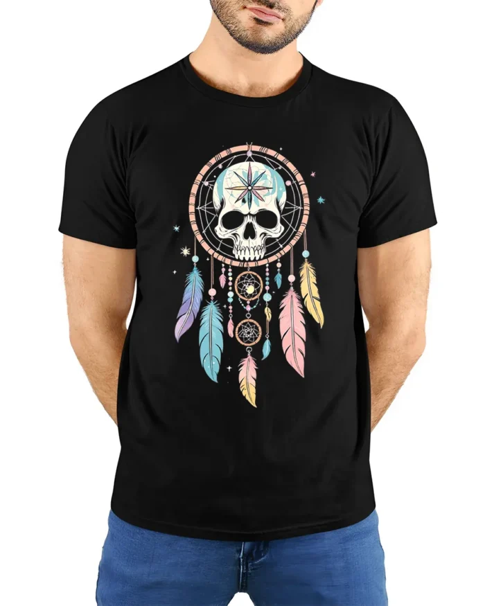 Skull Dreamcatcher T-Shirt Tribal Boho Feather Tee - model wearing black shirt, hands behind back