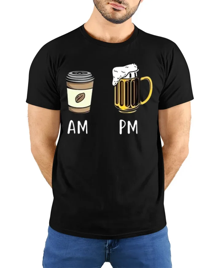 AM PM Coffee Beer T-Shirt Funny Graphic for Adults - model wearing black shirt, hands behind back