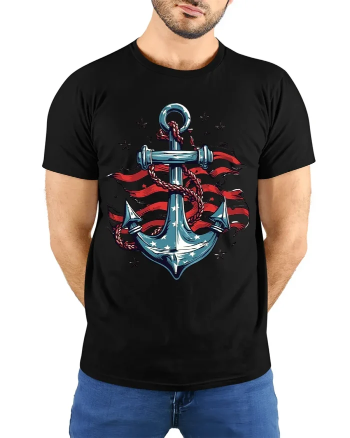 USA Anchor Flag Graphic T-Shirt 4th of July Style - model wearing black shirt, hands behind back