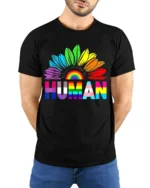 Colorful Human Rights T-Shirt Pride Flower Graphic - model wearing black shirt, hands behind back