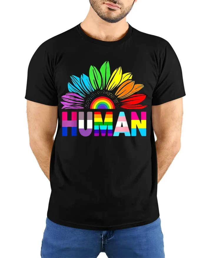 Colorful Human Rights T-Shirt Pride Flower Graphic - model wearing black shirt, hands behind back