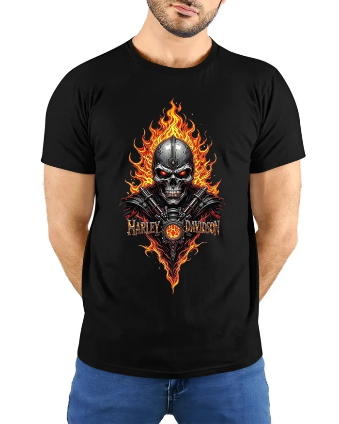 Harley Davidson Skull Flames T-Shirt Biker Graphic - model wearing black shirt, hands behind back