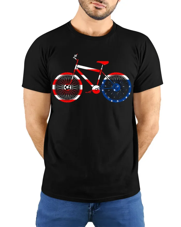 American Flag Bike T-Shirt 4th of July Biker Tee - model wearing black shirt, hands behind back