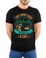 Funny Fishing T-Shirt My Arm Is in a Cast Graphic - model wearing black shirt, hands behind back