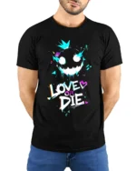 Love or Die Glitch Art T-Shirt Urban Punk Graphic - model wearing black shirt, hands behind back