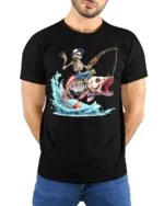 Skeleton Fisherman Monster Fish T-Shirt Funny Graphic - model wearing black shirt, hands behind back