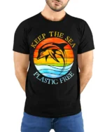 Keep The Sea Plastic Free Dolphin T-Shirt Eco Graphic - model wearing black shirt, hands behind back
