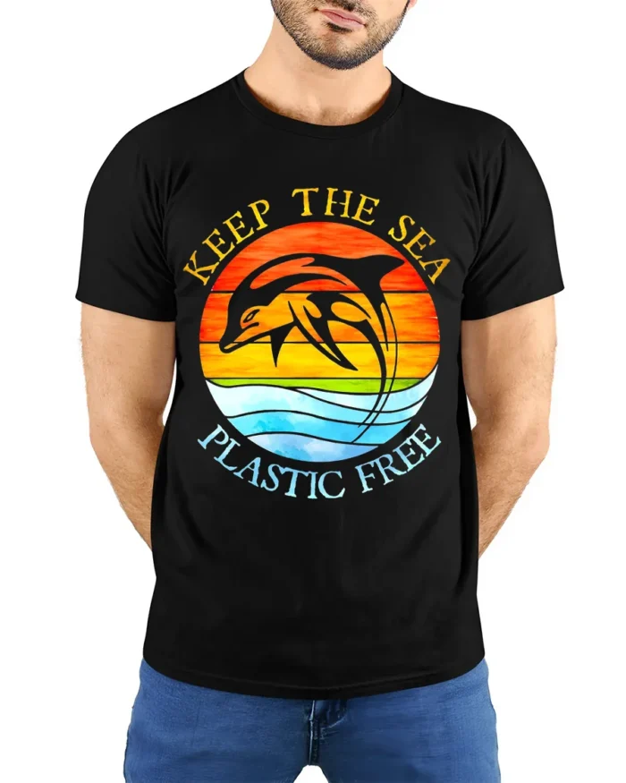 Keep The Sea Plastic Free Dolphin T-Shirt Eco Graphic - model wearing black shirt, hands behind back
