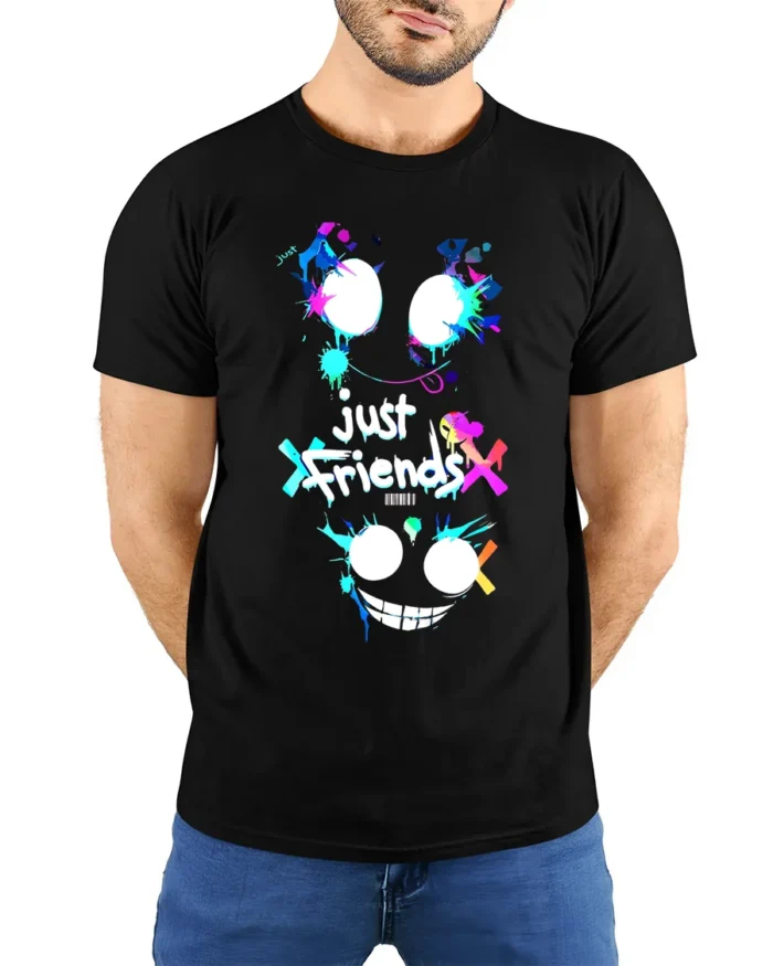 Just Friends Splatter Face T-Shirt Funny Streetwear Tee - model wearing black shirt, hands behind back