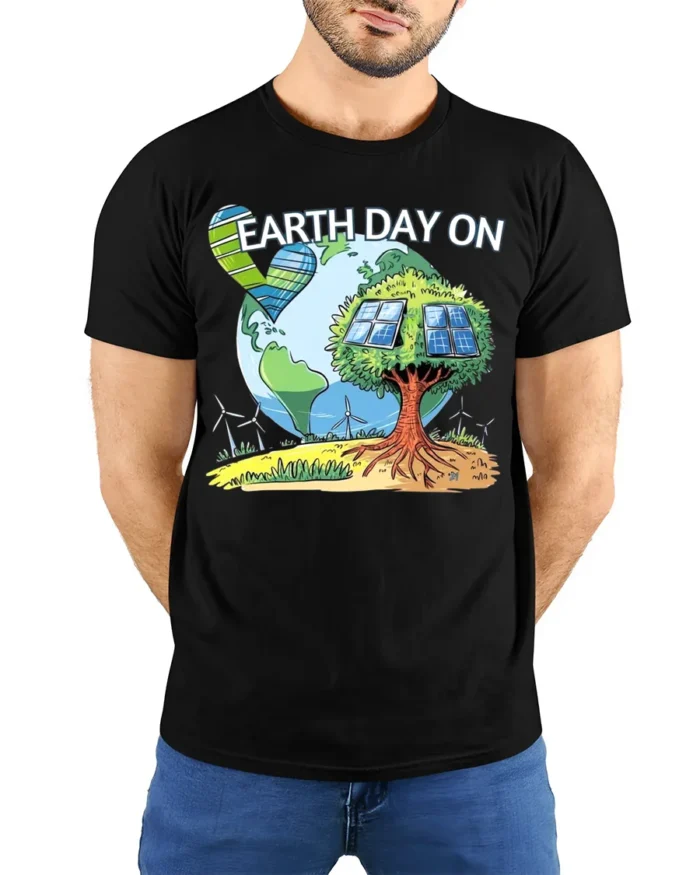 Earth Day On T-Shirt Eco Friendly Solar Tree Graphic - model wearing black shirt, hands behind back