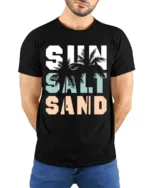 Sun Salt Sand T-Shirt Retro Summer Beach Vibe Tee - model wearing black shirt, hands behind back