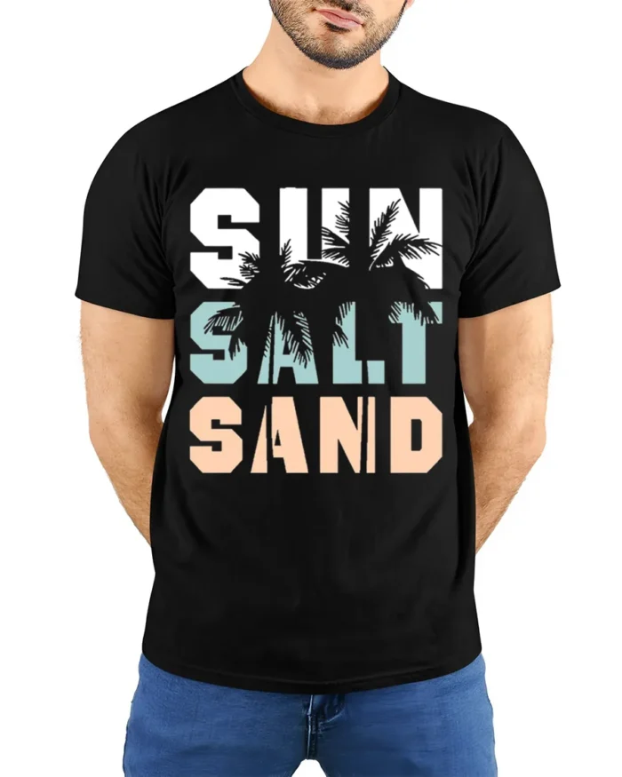 Sun Salt Sand T-Shirt Retro Summer Beach Vibe Tee - model wearing black shirt, hands behind back
