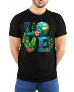 Earth Love T-Shirt Eco Nature Inspired Graphic Tee - model wearing black shirt, hands behind back
