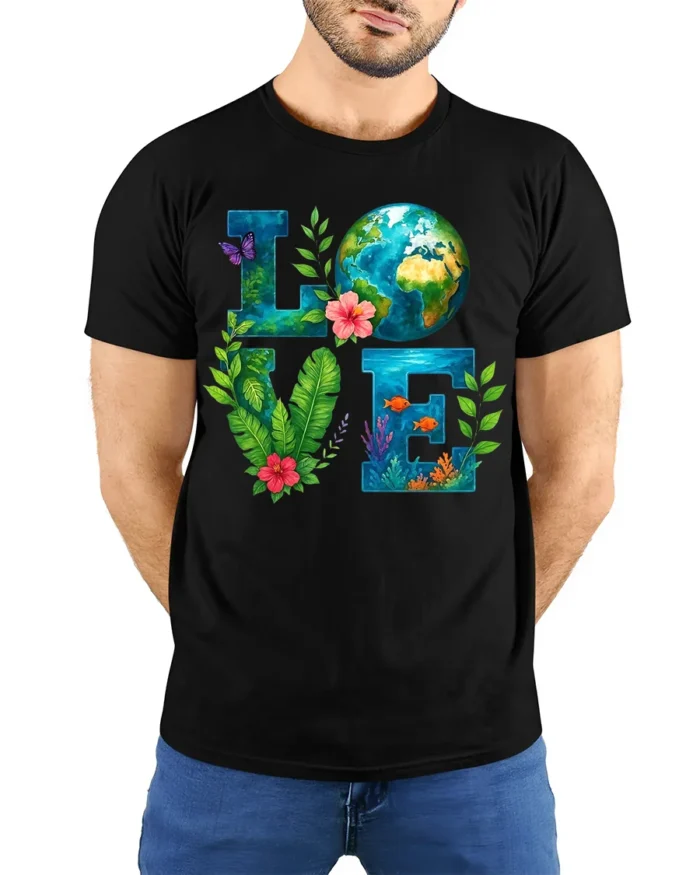 Earth Love T-Shirt Eco Nature Inspired Graphic Tee - model wearing black shirt, hands behind back