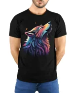 Cosmic Wolf T-Shirt Galaxy Animal Art Graphic Tee - model wearing black shirt, hands behind back