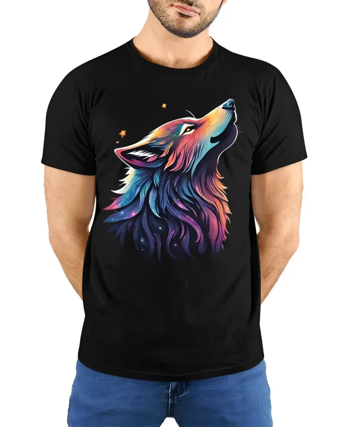 Cosmic Wolf T-Shirt Galaxy Animal Art Graphic Tee - model wearing black shirt, hands behind back