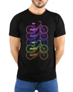 Retro Rainbow Bicycle T-Shirt Colorful Cycling Tee - model wearing black shirt, hands behind back