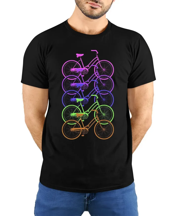 Retro Rainbow Bicycle T-Shirt Colorful Cycling Tee - model wearing black shirt, hands behind back