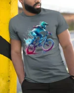 BMX Rider Splash Art Graphic T-Shirt Cool Biker Tee - model in grey shirt leaning against column