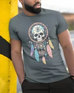 Skull Dreamcatcher T-Shirt Tribal Boho Feather Tee - model in grey shirt leaning against column