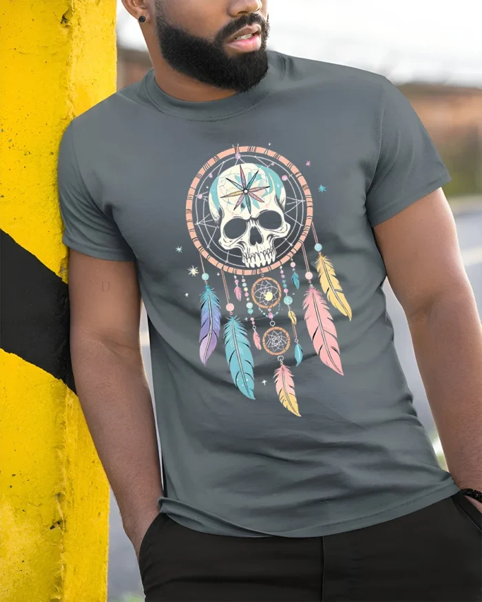 Skull Dreamcatcher T-Shirt Tribal Boho Feather Tee - model in grey shirt leaning against column