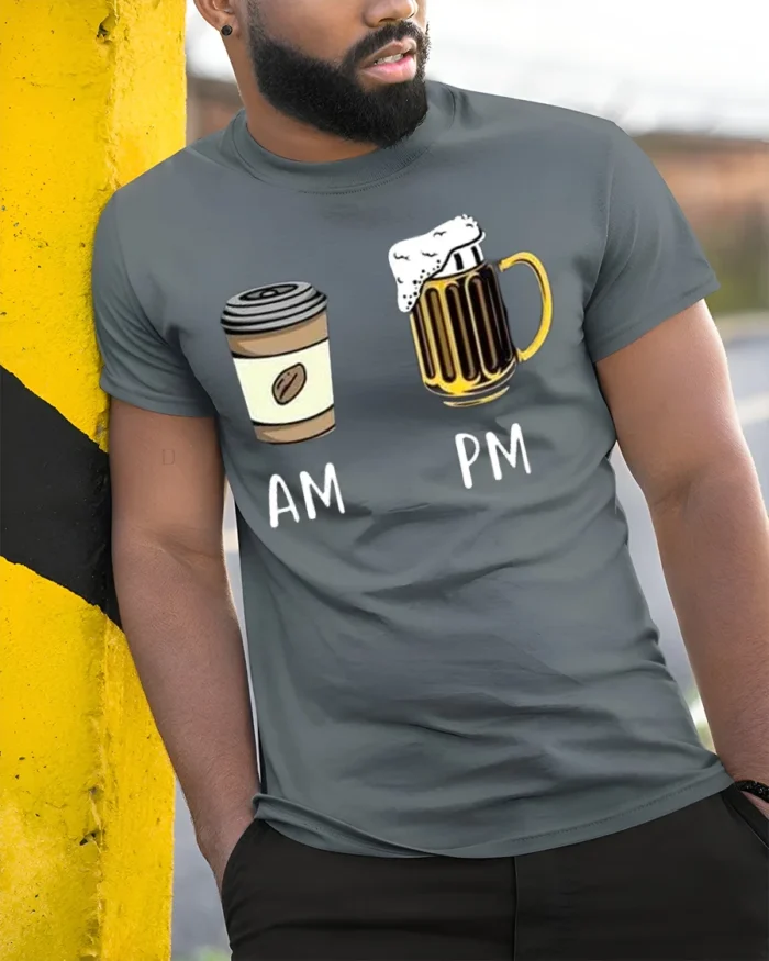 AM PM Coffee Beer T-Shirt Funny Graphic for Adults - model in grey shirt leaning against column