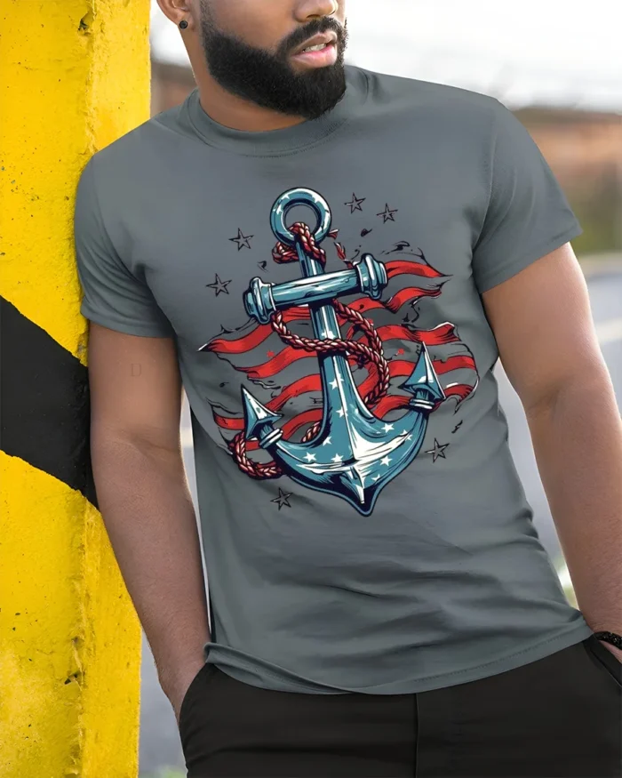 USA Anchor Flag Graphic T-Shirt 4th of July Style - model in grey shirt leaning against column