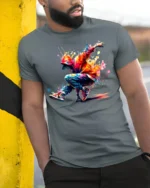 Colorful Breakdancer T-Shirt HipHop Urban Streetwear - model in grey shirt leaning against column