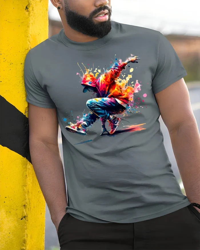 Colorful Breakdancer T-Shirt HipHop Urban Streetwear - model in grey shirt leaning against column
