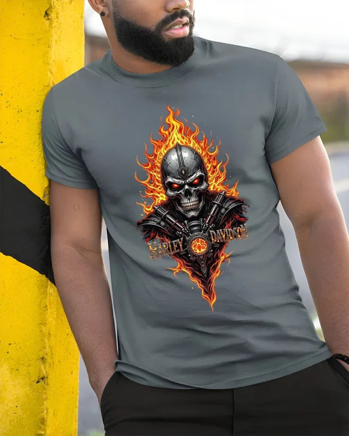 Harley Davidson Skull Flames T-Shirt Biker Graphic - model in grey shirt leaning against column