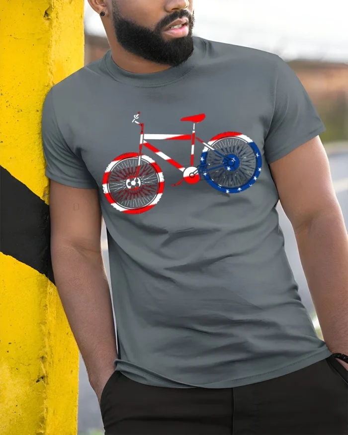American Flag Bike T-Shirt 4th of July Biker Tee - model in grey shirt leaning against column