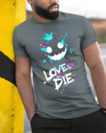 Love or Die Glitch Art T-Shirt Urban Punk Graphic - model in grey shirt leaning against column