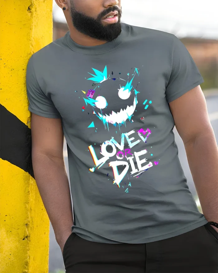 Love or Die Glitch Art T-Shirt Urban Punk Graphic - model in grey shirt leaning against column