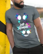 Just Friends Splatter Face T-Shirt Funny Streetwear Tee - model in grey shirt leaning against column