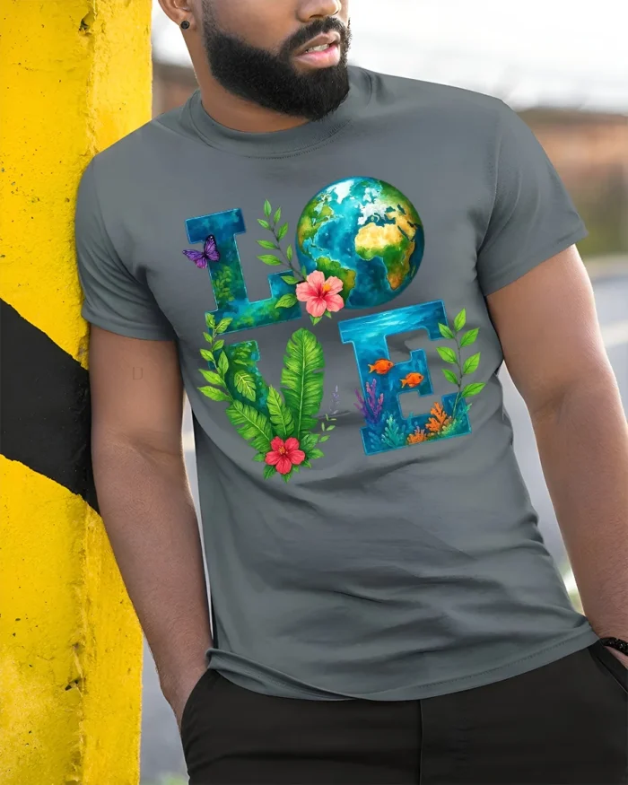 Earth Love T-Shirt Eco Nature Inspired Graphic Tee - model in grey shirt leaning against column