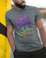 Retro Rainbow Bicycle T-Shirt Colorful Cycling Tee - model in grey shirt leaning against column
