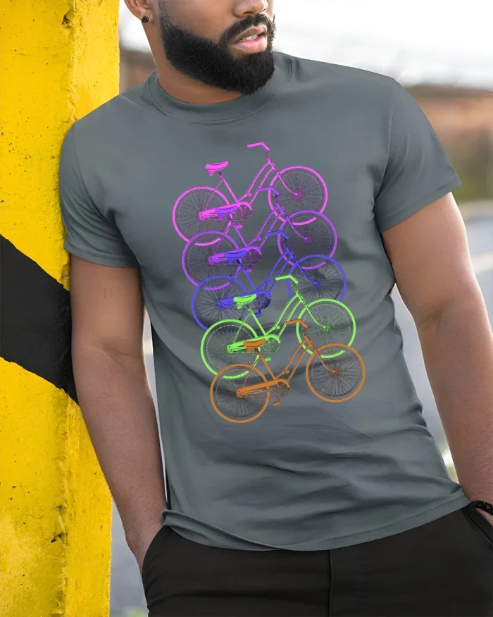 Retro Rainbow Bicycle T-Shirt Colorful Cycling Tee - model in grey shirt leaning against column