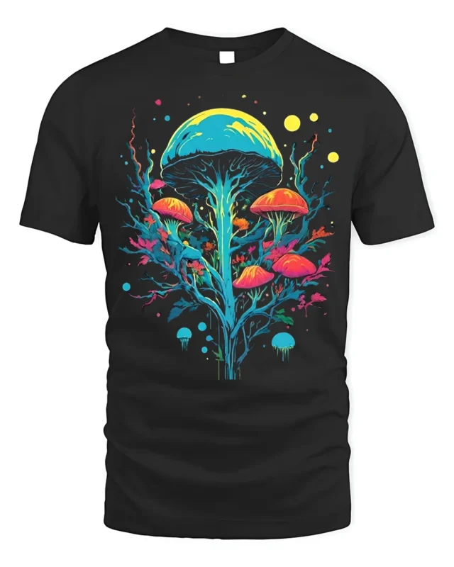 Psychedelic Mushroom Art T-Shirt Trippy Nature Vibes - black t-shirt on white background