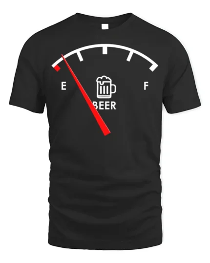 Funny Beer Gauge T-Shirt Low on Beer Fuel Drink - black t-shirt on white background