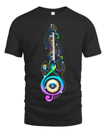 Colorful Music Lover T-Shirt Piano Treble Clef Design - black t-shirt on white background