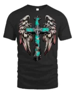 Rustic Angel Wings Cross T-Shirt Christian Faith - black t-shirt on white background